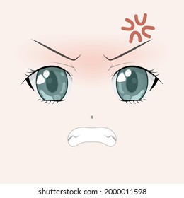 Angry anime style big green eyes. Hand drawn vector illustration. Isolated.