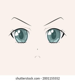 Angry anime style big green eyes. Hand drawn vector illustration. Isolated.