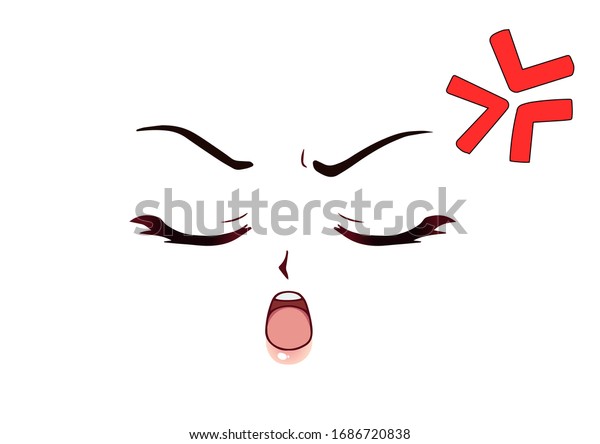 怒ったアニメスタイルの顔を閉じた目 小さな鼻とかわいい口 おかしなアニメのシンボル 手描きのベクターイラスト のベクター画像素材 ロイヤリティフリー
