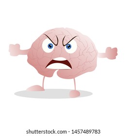 Angry and annoyed brain mascot isolated. Vector mind enraged, rage mood, illustration brain character expression aggression, furious irritated, mental mad emotional