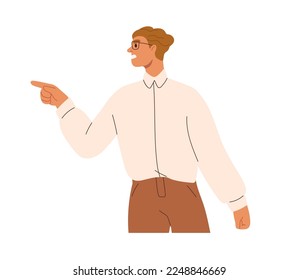 Angry annoyed employee. Irritated furious man pointing with finger gesture, negative emotion. Person arguing, shouting in anger, annoyance. Flat vector illustration isolated on white background