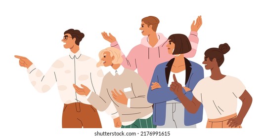 Angry annoyed group of people criticizing, accusing, blaming. Indignant discontent men and women expressing disapproval. Displeased society. Flat vector illustration isolated on white background