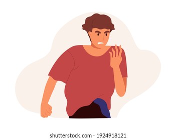 Angry annoyed man with dissatisfied facial expression. Aggressive discontented guy with evil face expressing anger, fury and rage. Colored flat vector illustration isolated on white background