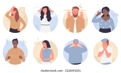 Angry and annoyed people in round avatar set vector illustration. Cartoon woman and man feeling stress, anger expression, frustrated girl with boredom on face, trouble of behavior isolated on white