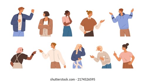 Angry annoyed people set. Discontent displeased men and women complaining, shouting, criticizing, blaming. Irritated characters in anger, rage. Flat vector illustrations isolated on white background