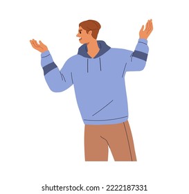 Angry annoyed person with resent, disagreement expression. Grumpy indignant man expressing negative emotion of anger, annoyance, gesturing. Flat vector illustration isolated on white background