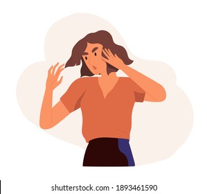 Angry and annoyed woman with irritated and furious face expression clutching her head in panic. Negative emotion of female character. Colored flat vector illustration isolated on white background