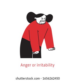 Angry annoyed young woman. Very aggressive teen female screaming.  aggressive Anger or irritability. Flat cartoon style vector illustration of the Symptoms of Depression.
