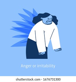 Angry annoyed young woman. Very aggressive teen female screaming. aggressive Anger or irritability. Flat cartoon style vector illustration of the Symptoms of Depression.