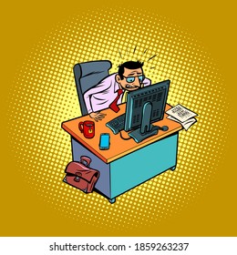 angry anxious male businessman works at an office workplace at a computer. Comic cartoon vintage retro style