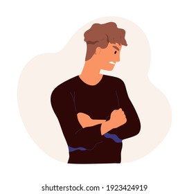 Angry anxious man with dissatisfied facial expression. Upset discontented guy with frowned face. Male character with arms crossed on chest. Colored flat cartoon vector illustration isolated on white