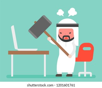 Angry Arab businessman carrying hammer to destroy laptop on desk, flat design, computer broken or out of order concept