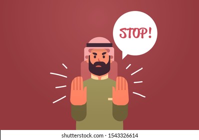 angry arab man saying STOP speech balloon with scream exclamation negation concept furious arabic character showing stop gesture flat portrait horizontal vector illustration