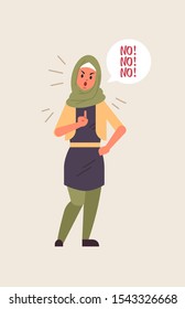 angry arab woman saying NO speech balloon with scream exclamation negation concept furious arabic lady showing sign with finger flat full length vertical vector illustration