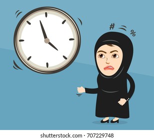 Angry Arab Woman watching time on Clock and waiting for it