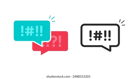 Angry argue chat bubble icon, bad rude complain talk sign vector graphic illustration set flat cartoon line stroke outline art image, hate vulgar shout message, impatient censored clipart