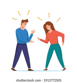 Angry, arguing couple of people shouting vector illustration. Husband and wife shouting blaming each other of problem. Man and woman  quarreling relationships, unhappy young family fighting concept.