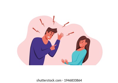 Angry, arguing couple of people shouting vector illustration. Husband and wife shouting blaming each other of problem. Man and woman  quarreling relationships, unhappy young family fighting concept.