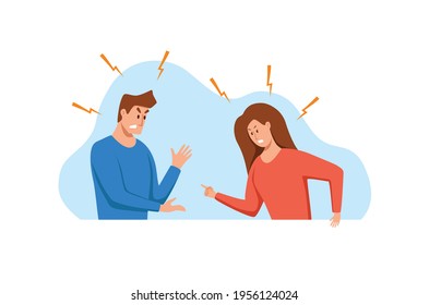 Angry, arguing couple of people shouting vector illustration. Husband and wife shouting blaming each other of problem. Man and woman  quarreling relationships, unhappy young family fighting concept.