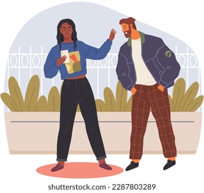 Angry, arguing couple of people shouting. Husband and wife with phone blaming each other of problem, adultery, cheating. Man and woman quarreling relationships, unhappy young family fighting
