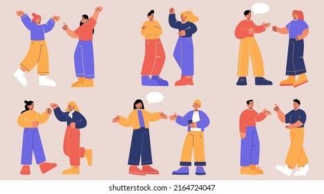 Angry arguing people with speech bubbles. Concept of quarrel, conflict between two characters, couples. Vector flat illustration with men and women aggressive dispute