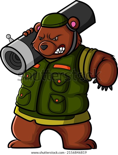 The angry army bear is holding the bazooka\
weapon of illustration