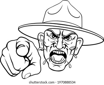 An angry army bootcamp drill sergeant soldier pointing at the viewer and shouting cartoon