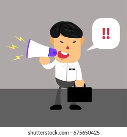 angry asian boss speak on megaphone while hold a briefcase
