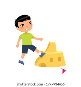 Angry asian boy destroying sandcastle flat vector illustration. Little kid breaking beach fortress cartoon character. Cruel child ruining sand tower isolated on white background. Violence concept svg