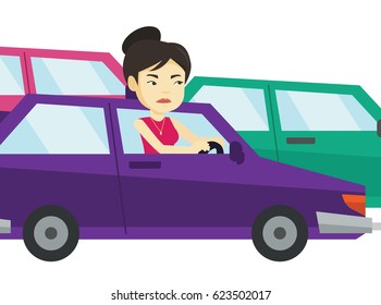 Angry asian car driver stuck in traffic jam. Irritated young woman driving a car in traffic jam. Agressive driver honking in traffic jam. Vector flat design illustration isolated on white background.