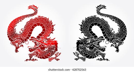 Angry Asian Chinese dragon red and black version on white background