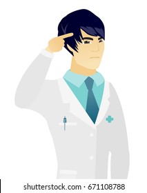 Angry asian doctor gesturing with his finger against his temple. Young doctor in medical gown twisting his finger against temple. Vector flat design illustration isolated on white background.