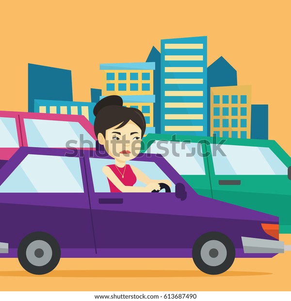 Angry asian female car driver stuck in a traffic\
jam. Irritated young woman driving a car in a traffic jam.\
Agressive driver honking in traffic jam. Vector flat design\
illustration. Square\
layout.