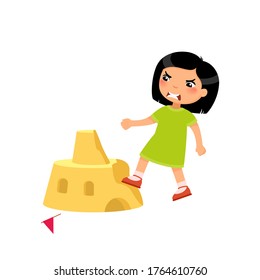 Angry asian girl destroying sandcastle flat vector illustration. Little kid breaking beach fortress cartoon character. Cruel child ruining sand tower isolated on white background. Violence concept
 svg