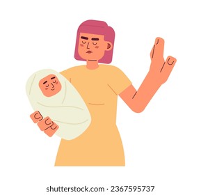 Mujer asiática enojada sosteniendo el carácter de vector de color semi-plano del bebé. Basta de gesto. Media persona de cuerpo editable en blanco. Ilustración simple de dibujos animados para el diseño gráfico web