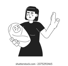 Angry asian woman holding baby monochromatic flat vector character. Stop gesture. Editable thin line half body person on white. Simple bw cartoon spot image for web graphic design