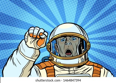 angry astronaut cosmonaut protester, rally resistance freedom democracy. Pop art retro vector illustration drawing