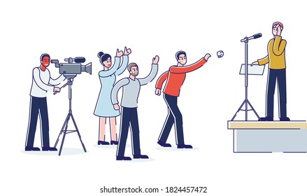 Angry Audience Screaming And Throwing Things In Speaker Or Politician On Stage With Microphone. Poor Stage Performance Concept. Linear Vector Illustration