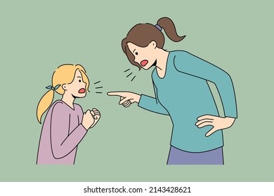 Angry Authoritarian Mom And Naughty Small Daughter Scream Fight. Mad Mother Lecture Scold Ill-behaved Girl Child, Shouting And Yelling. Domestic Violence Concept. Vector Illustration. 