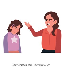 Angry authoritarian mom and naughty small daughter scream fight. Mad mother lecture scold ill-behaved girl child, shouting and yelling. Domestic violence concept. Vector illustration.