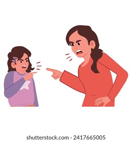 Angry authoritarian mom and naughty small daughter scream fight. Mad mother lecture scold ill-behaved girl child, shouting and yelling. Domestic violence concept. Vector illustration.