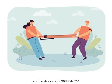 Angry authors, artists or journalists fighting over pen. Man and woman tugging at two ends of pencil flat vector illustration. Creativity, conflict, copyright concept for banner or landing web page