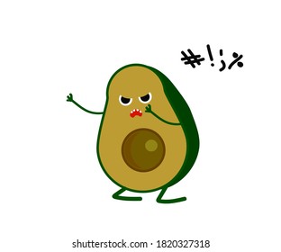 Angry avocado on a white background. Cartoon. Vector illustration.