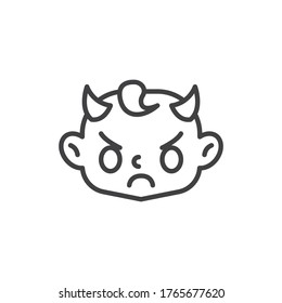 Angry Baby Face With Horns Line Icon. Linear Style Sign For Mobile Concept And Web Design. Evil Child Head Outline Vector Icon. Symbol, Logo Illustration. Vector Graphics