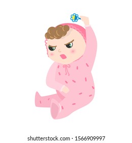 Angry baby with kinky hair sitting in pink pajama. Vector illustration in flat cartoon style.
