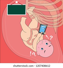 Angry baby using texting a smartphone device inside mother womb his leg stuck on the rib of mom bank empty banner sign hanging on the wall
