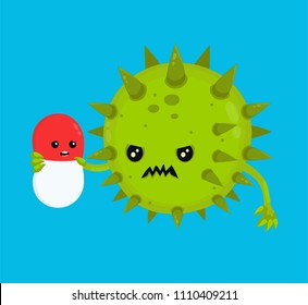 Angry bad bacteria microorganism virus kill antibiotic pill. Vector flat cartoon character illustration icon design.  Pill, health, medical antibiotic,drug,resistant virus concept