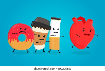 Angry bad donut, coffee paper cup and cigarette kill attack healthy heart. Nightmare health heart. Vector flat cartoon character isolated illustration. Concept icon for infographics about heart