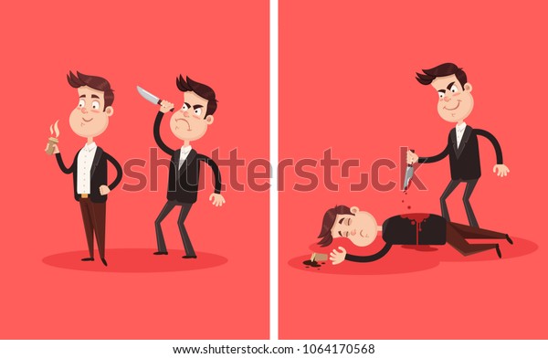 Angry bad employee colleague friend murder killing\
stabbing with knife boss businessman partner character in his back\
behind. Crime betrayal accident business career competition\
concept. Dead bloody