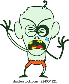 Angry bald zombie with bulging eyes, green skin, big ears and orange pants while crying, clenching his eyes, yelling and raising his arms in a very agitated mood